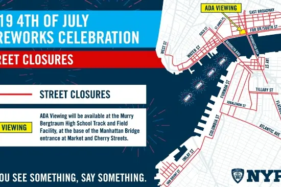 A map showing all the street closures today and tonight for the 2019 July 4th fireworks display.